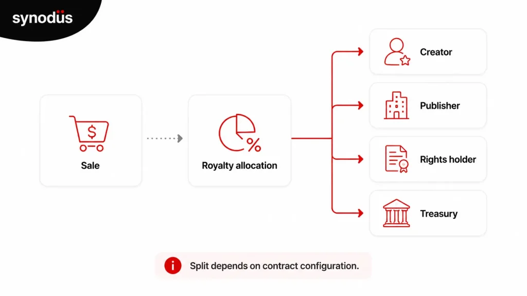Diagram showing how a single NFT sale is split between seller proceeds, marketplace fee, and royalty allocation to multiple recipients including creator, publisher, rights holder, and treasury