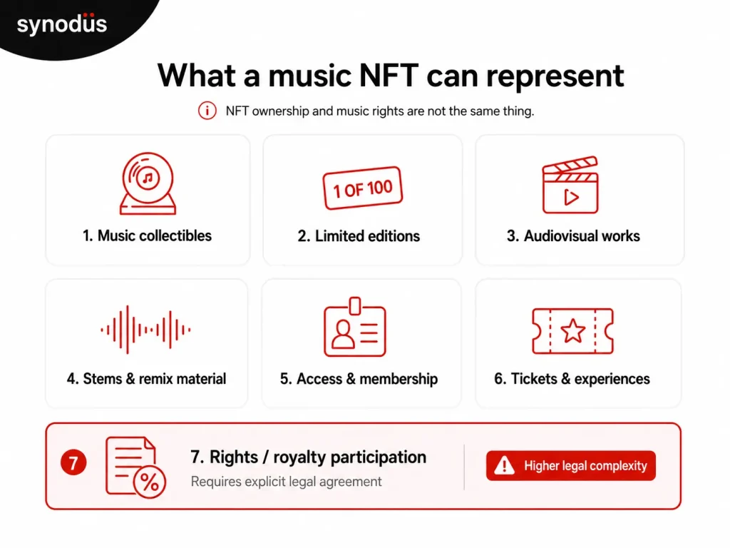 Icon grid showing seven types of music NFTs from collectible tracks and limited editions to access memberships, tickets, and royalty-linked assets with the rights category visually distinguished from collectibles