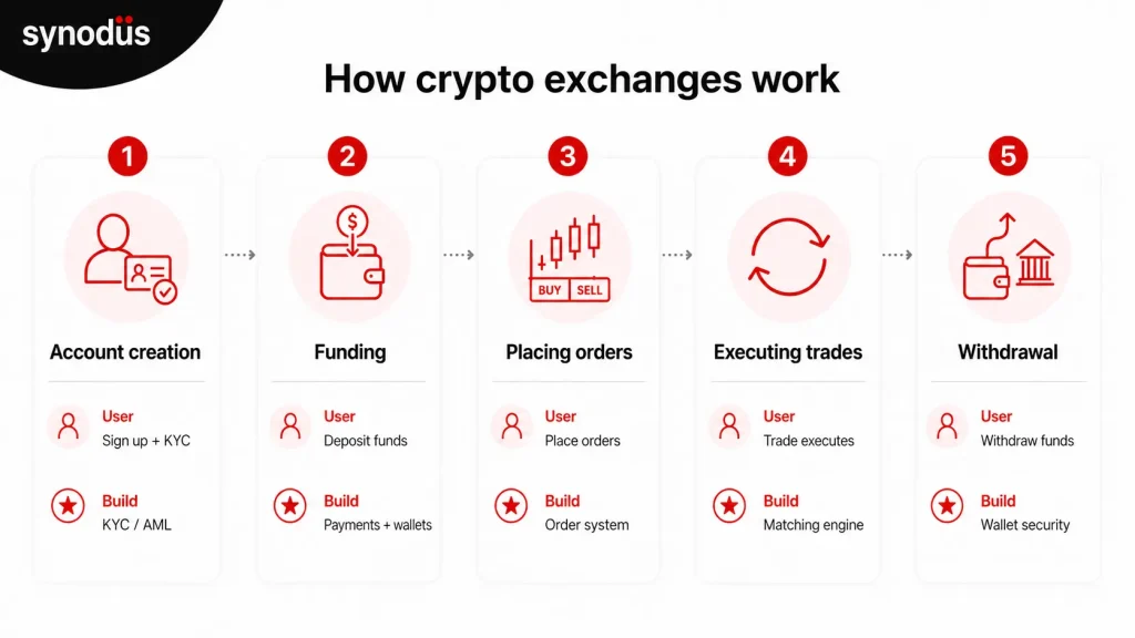 How a crypto exchange works in 5 steps: account creation, funding, placing orders, executing trades, and withdrawal, from both trader and builder perspective