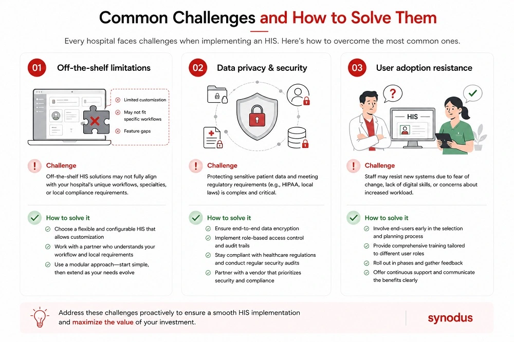 Common hospital information system implementation challenges including user adoption resistance, data security risks, and off-the-shelf limitations