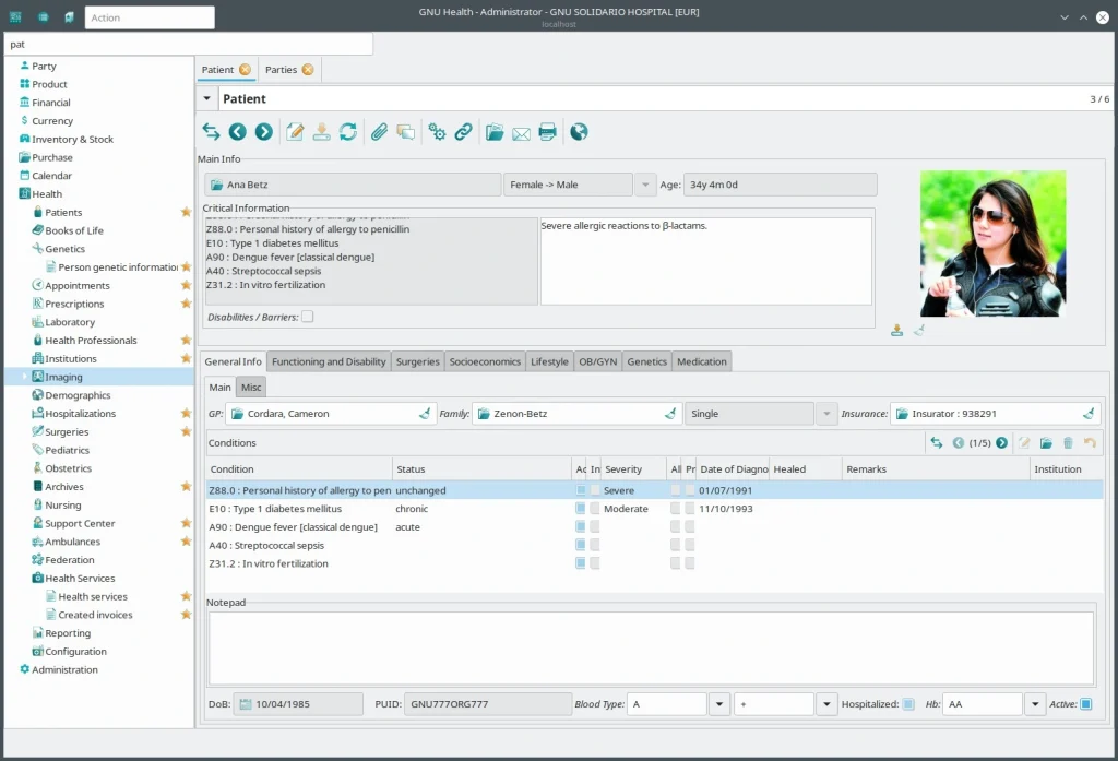 GNU Health open source hospital and health information system interface recognized as a UN Digital Public Good and used in public health systems across 10+ countries