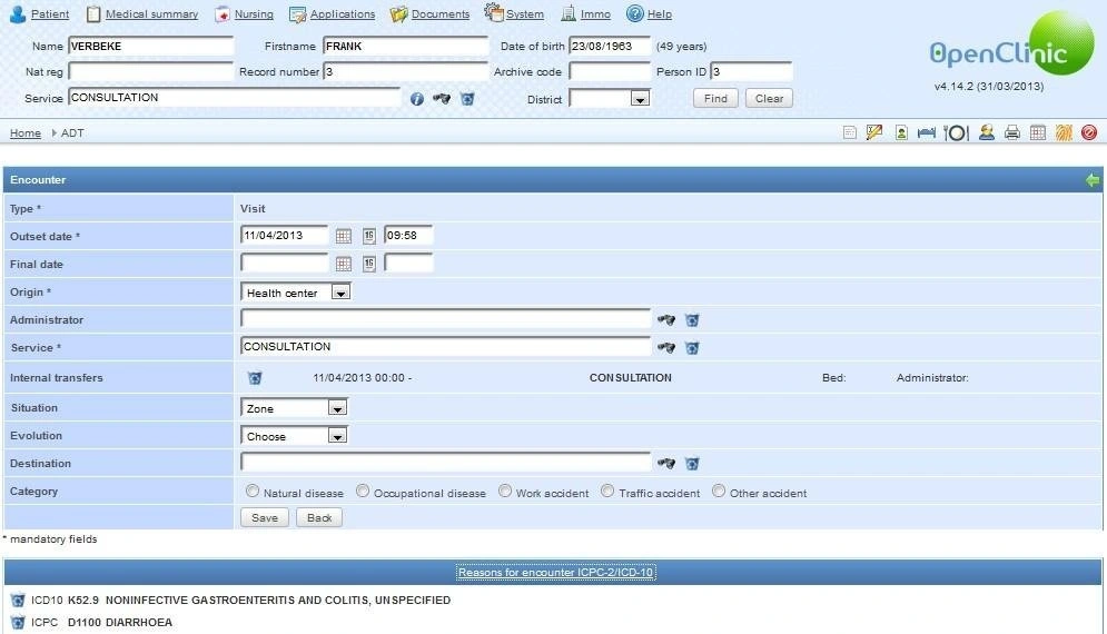 OpenClinic GA open source hospital information system interface with integrated billing and insurance management used in 500+ implementations across Africa and South Asia