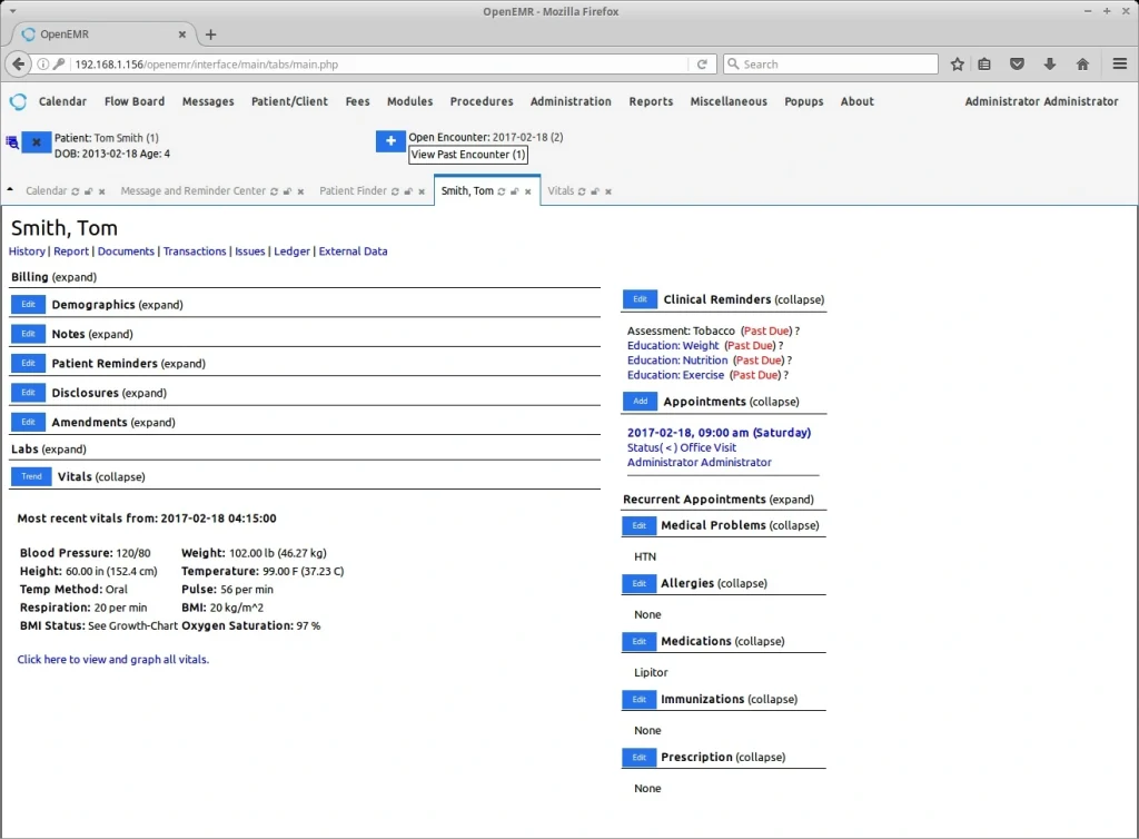 OpenEMR open source EHR and practice management interface covering clinical documentation, billing, scheduling, and patient portal for small-to-mid size hospitals