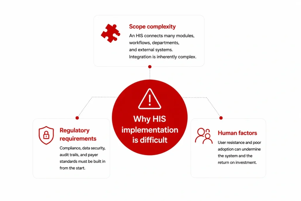 Key operational, regulatory, and human challenges that make hospital information system implementation harder than standard software projects
